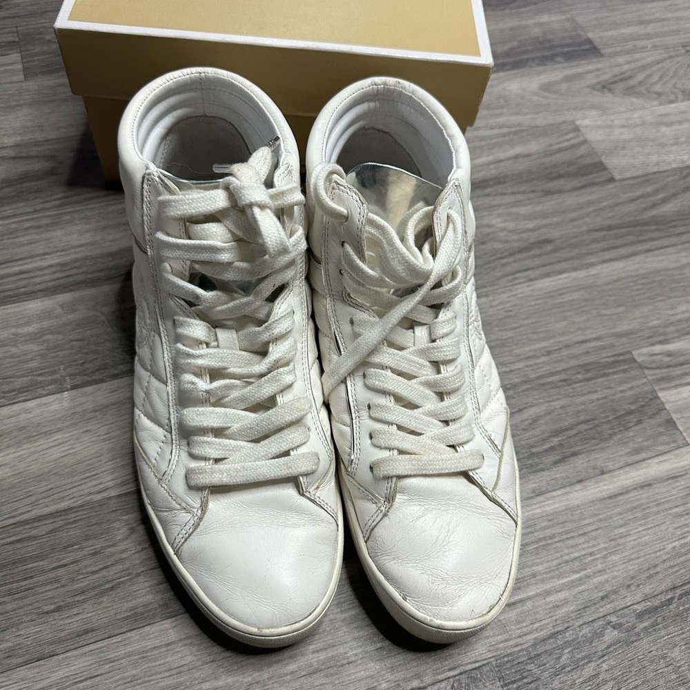 Michael Kors Paige Quilted High Top Sneaker Leather Optic White 9 - Picture 2 of 6